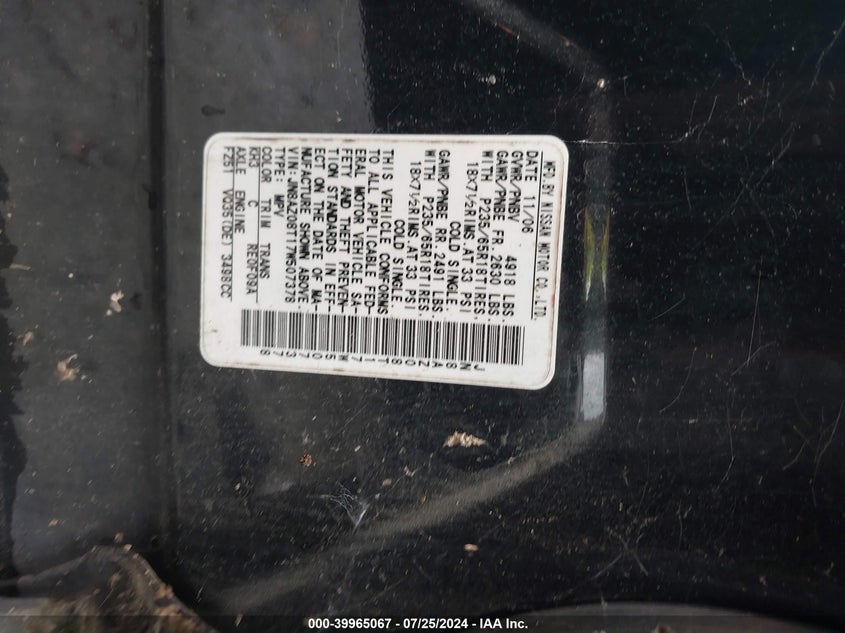 2007 Nissan Murano S VIN: JN8AZ08T17W507378 Lot: 39965067