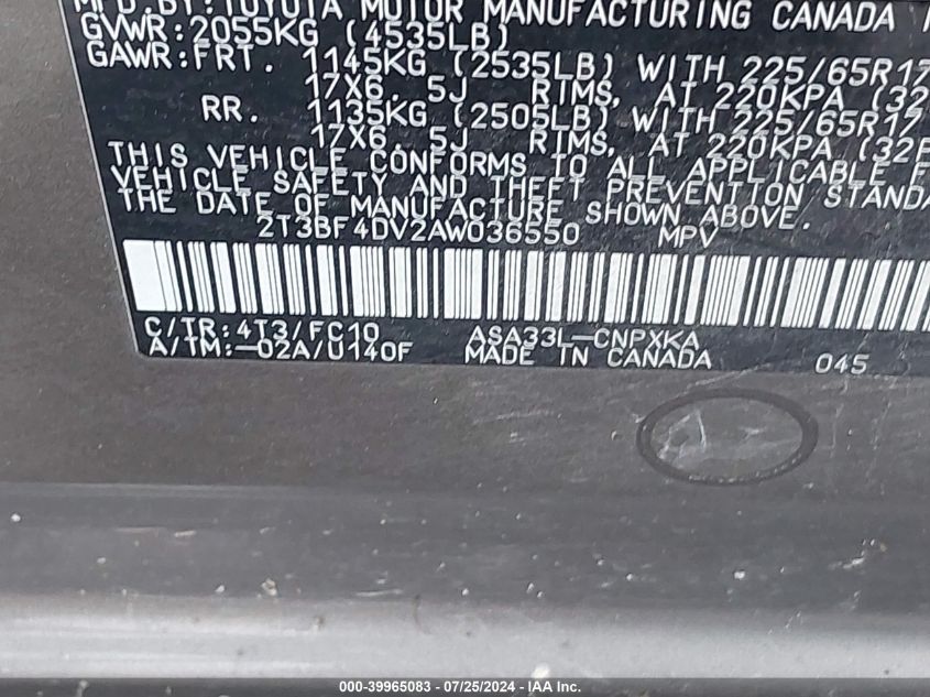 2010 Toyota Rav4 VIN: 2T3BF4DV2AW036550 Lot: 39965083