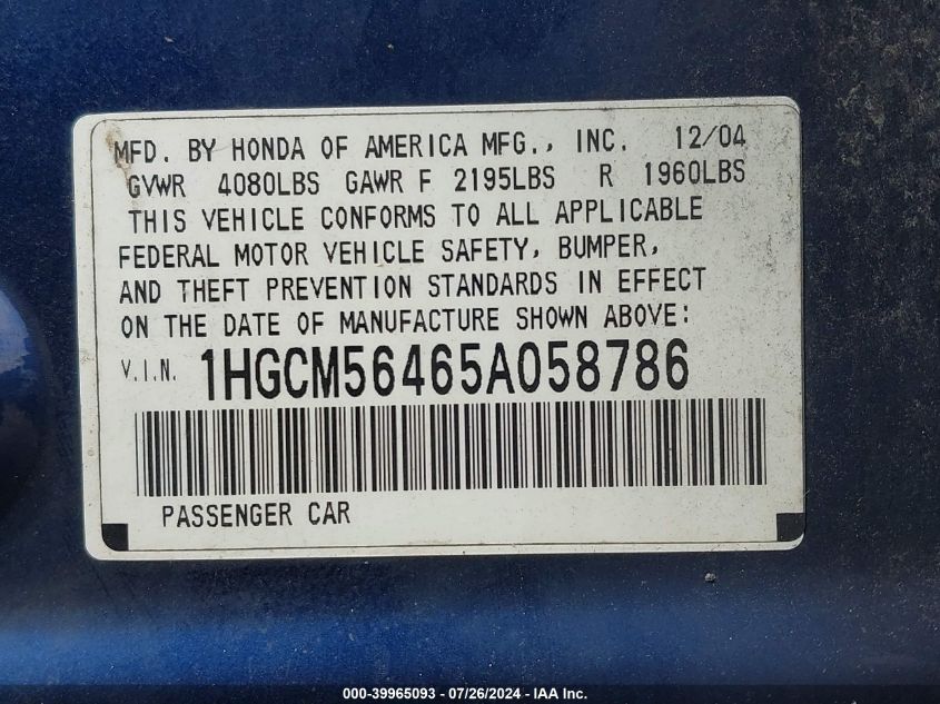 2005 Honda Accord 2.4 Lx VIN: 1HGCM56465A058786 Lot: 39965093