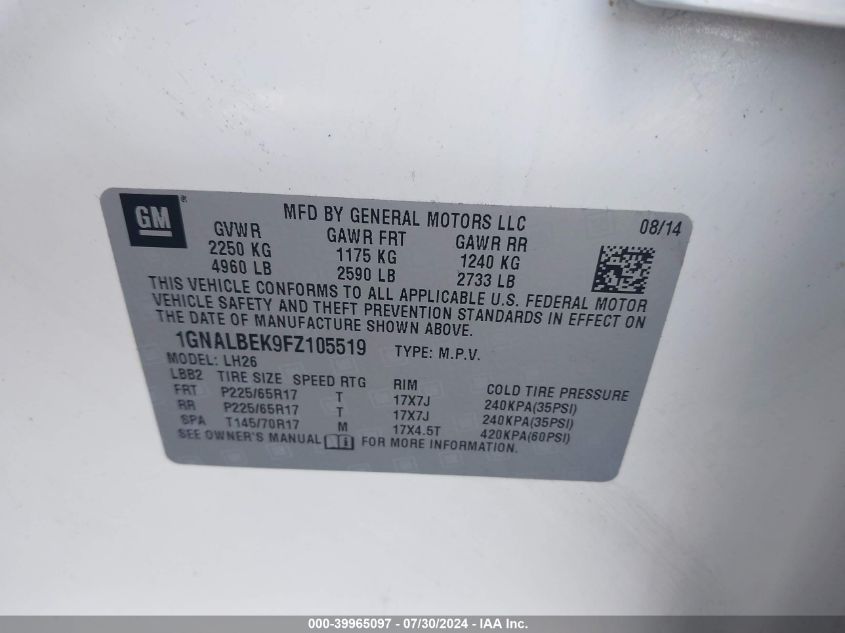 2015 Chevrolet Equinox 1Lt VIN: 1GNALBEK9FZ105519 Lot: 39965097