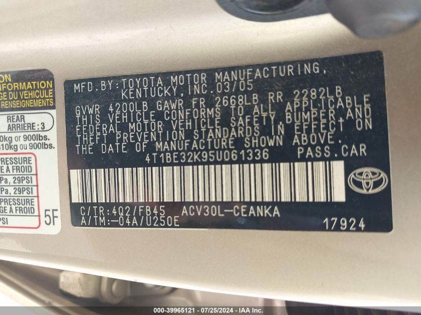 2005 Toyota Camry Le VIN: 4T1BE32K95U061336 Lot: 39965121