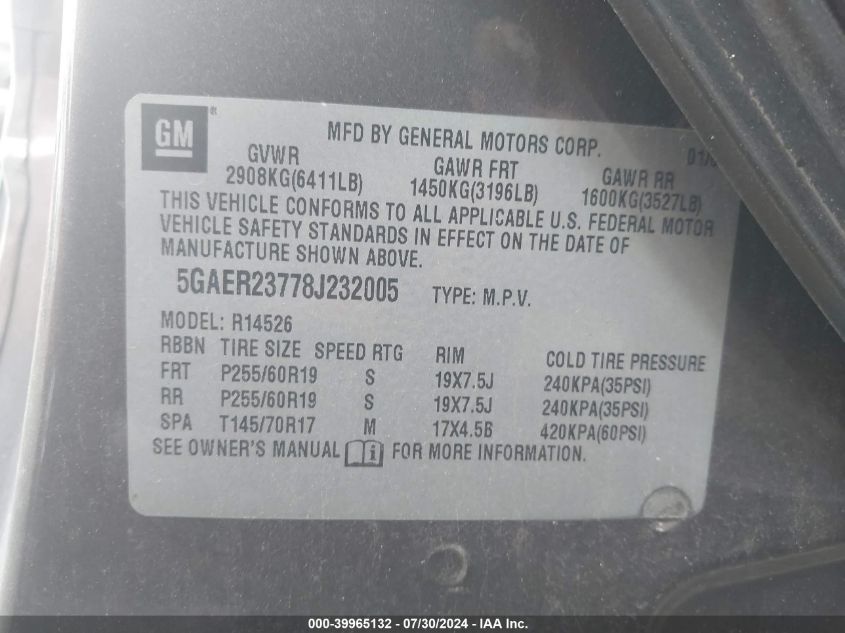 2008 Buick Enclave Cxl VIN: 5GAER23778J232005 Lot: 39965132