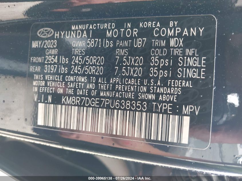 2023 Hyundai Palisade Calligraphy VIN: KM8R7DGE7PU638353 Lot: 39965138