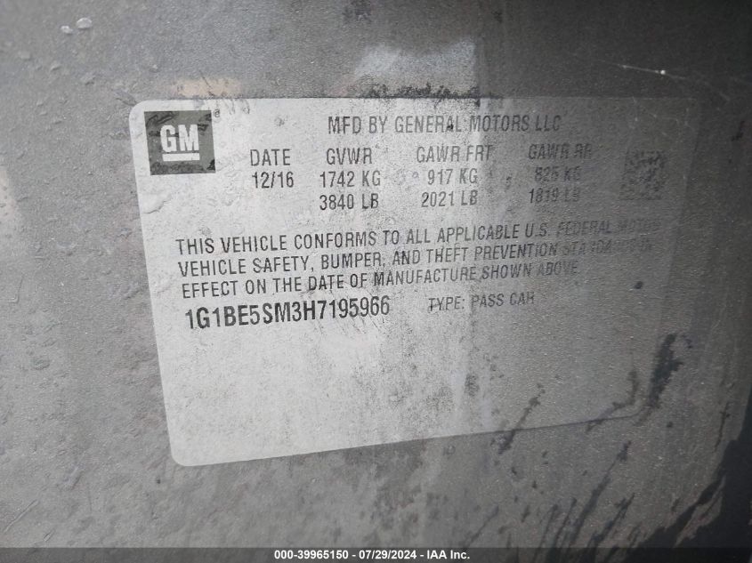 2017 Chevrolet Cruze Lt Auto VIN: 1G1BE5SM3H7195966 Lot: 39965150