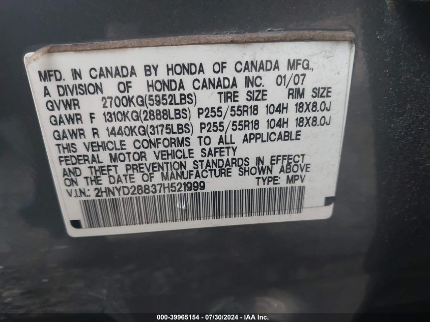 2007 Acura Mdx Sport Package VIN: 2HNYD28837H521999 Lot: 39965154