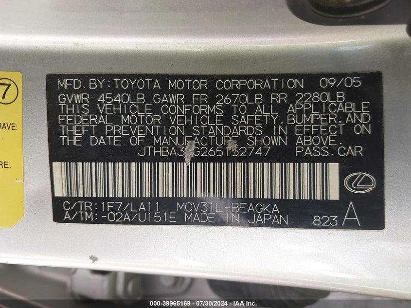 2006 Lexus Es 330 VIN: JTHBA30G265152747 Lot: 39965169