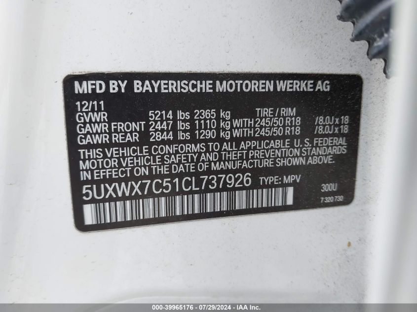 2012 BMW X3 xDrive35I VIN: 5UXWX7C51CL737926 Lot: 39965176