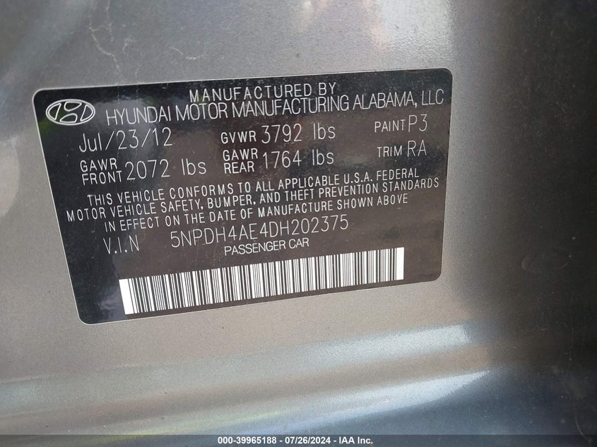 2013 Hyundai Elantra Gls/Limited VIN: 5NPDH4AE4DH202375 Lot: 39965188