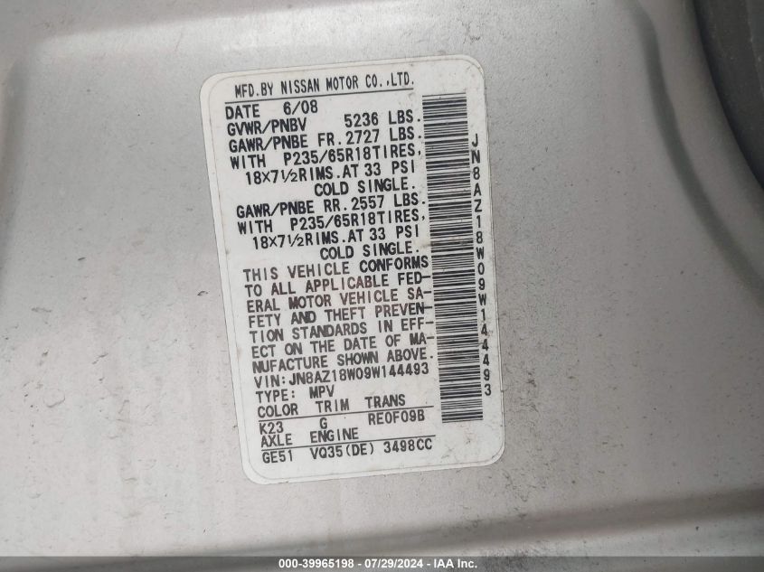 2009 Nissan Murano S/Sl/Le VIN: JN8AZ18W09W144493 Lot: 39965198