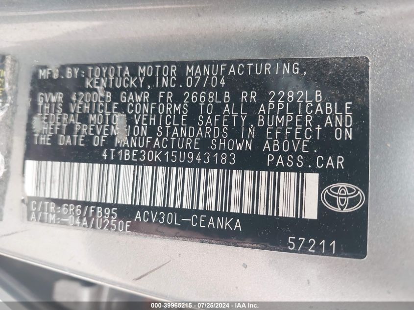 2005 Toyota Camry Le VIN: 4T1BE30K15U943183 Lot: 39965215