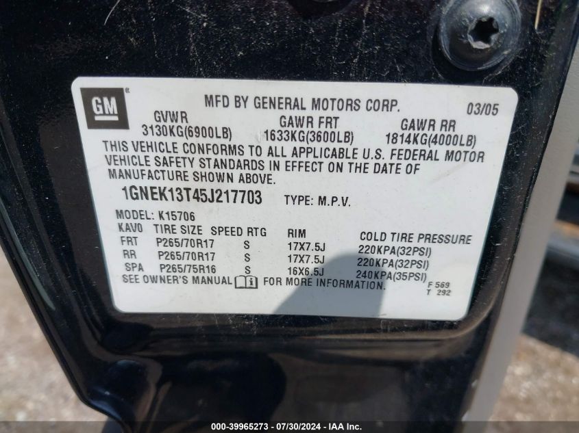 2005 Chevrolet Tahoe Lt VIN: 1GNEK13T45J217703 Lot: 39965273