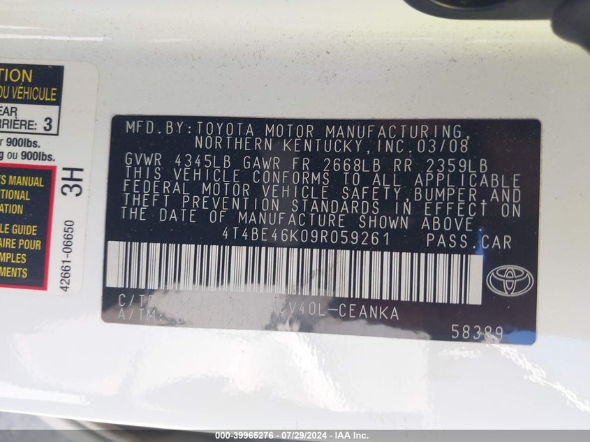 2009 Toyota Camry Le VIN: 4T4BE46K09R059261 Lot: 39965276