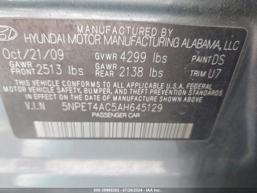 2010 Hyundai Sonata Gls VIN: 5NPET4AC5AH645129 Lot: 39965283