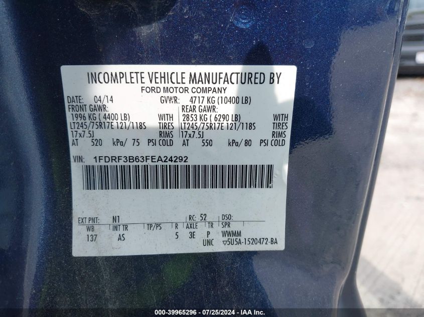 2015 Ford F-350 Xl VIN: 1FDRF3B63FEA24292 Lot: 39965296