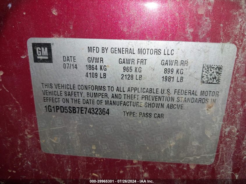 2014 Chevrolet Cruze Lt VIN: 1G1PD5SB7E7432364 Lot: 39965301