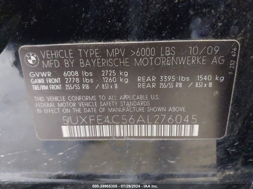 2010 BMW X5 xDrive30I VIN: 5UXFE4C56AL276045 Lot: 39965305