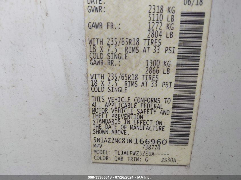 2018 Nissan Murano S VIN: 5N1AZ2MG8JN166960 Lot: 39965318