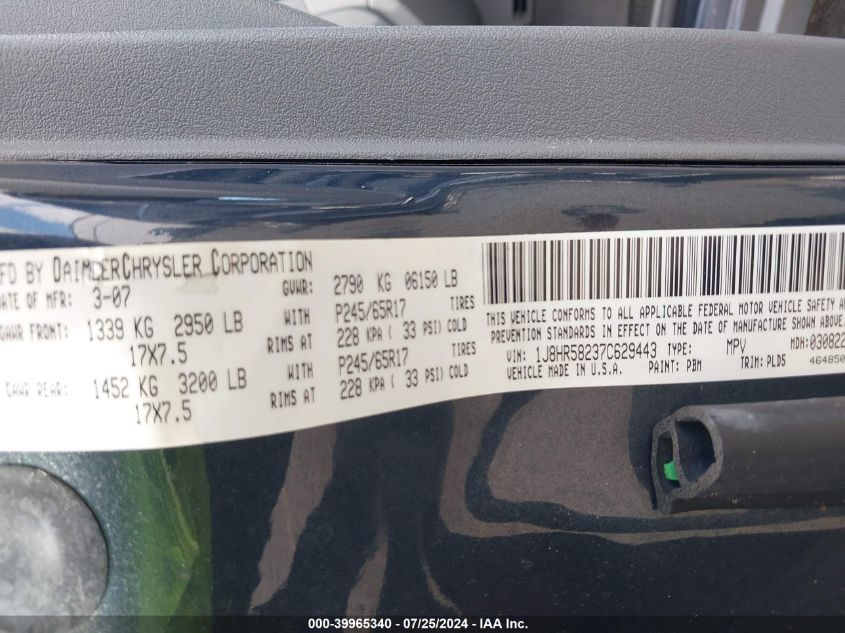 2007 Jeep Grand Cherokee Limited VIN: 1J8HR58237C629443 Lot: 39965340