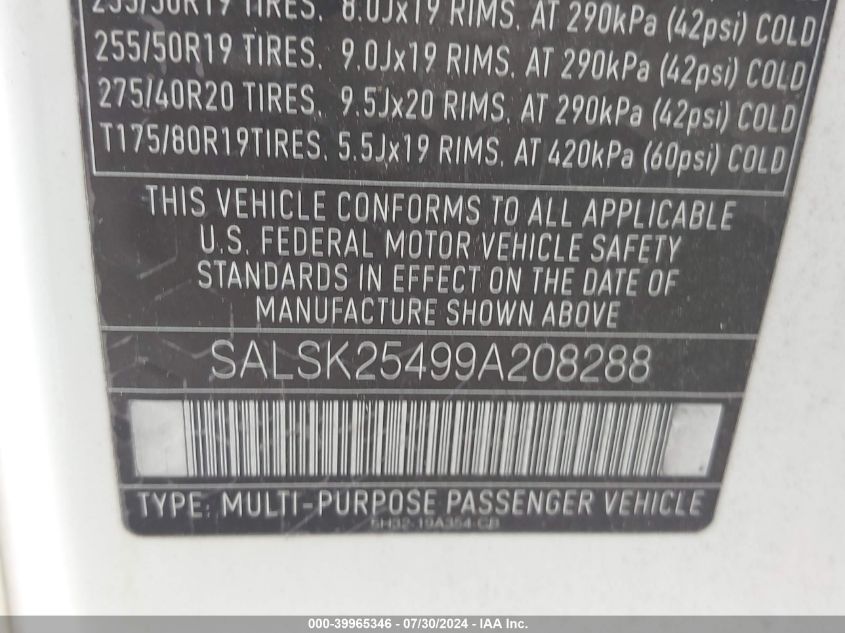 2009 Land Rover Range Rover Sport Hse VIN: SALSK25499A208288 Lot: 39965346