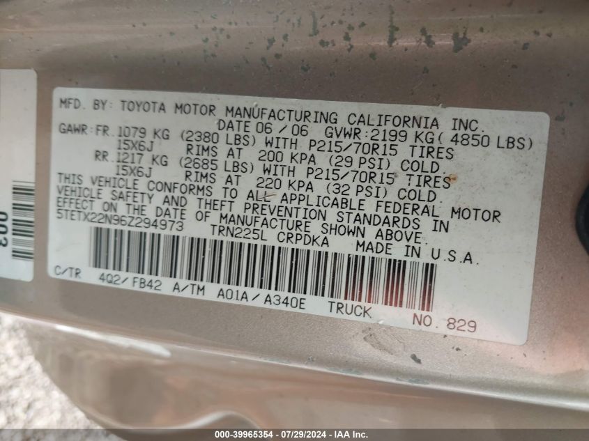 2006 Toyota Tacoma VIN: 5TETX22N96Z294973 Lot: 39965354