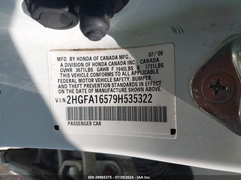 2009 Honda Civic Lx VIN: 2HGFA16579H535322 Lot: 39965375