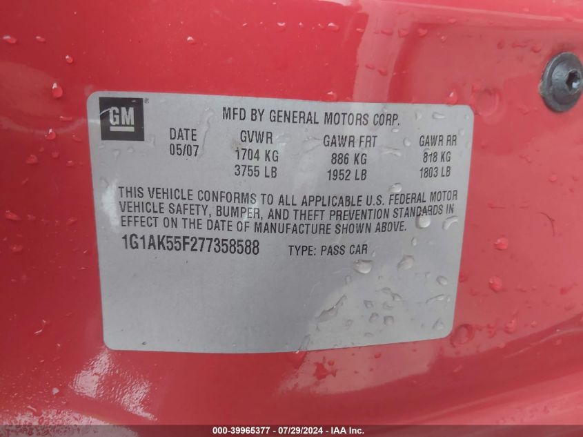 2007 Chevrolet Cobalt Ls VIN: 1G1AK55F277358588 Lot: 39965377