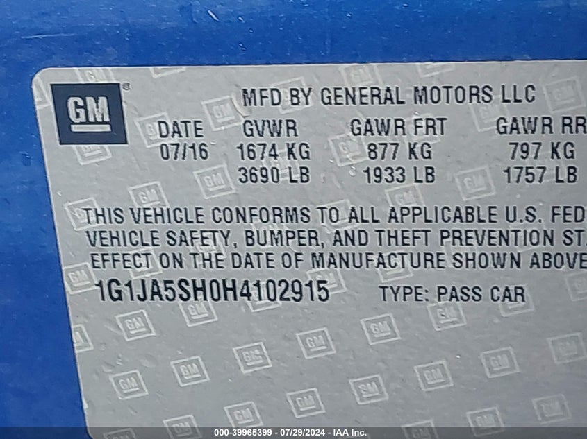 2017 CHEVROLET SONIC LS - 1G1JA5SH0H4102915