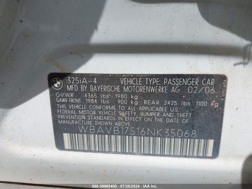 2006 BMW 325I VIN: WBAVB17516NK35068 Lot: 39965400