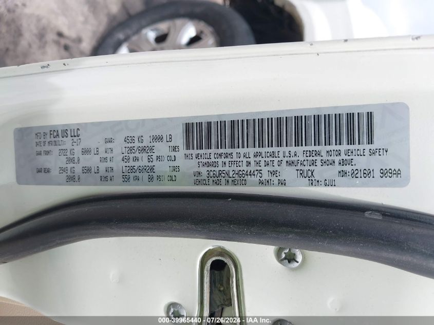 2017 Ram 2500 Laramie Mega Cab 4X4 6'4 Box VIN: 3C6UR5NL2HG644475 Lot: 39965440