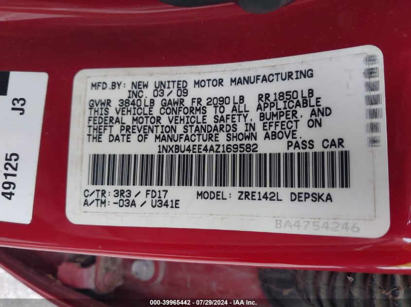 2010 Toyota Corolla S VIN: 1NXBU4EE4AZ169582 Lot: 39965442