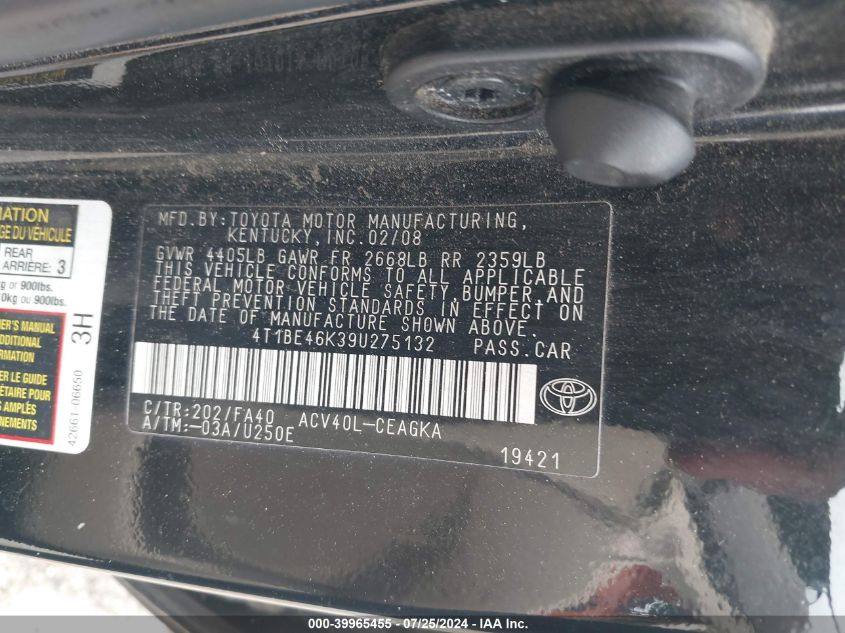 2009 Toyota Camry Xle VIN: 4T1BE46K39U275132 Lot: 39965455