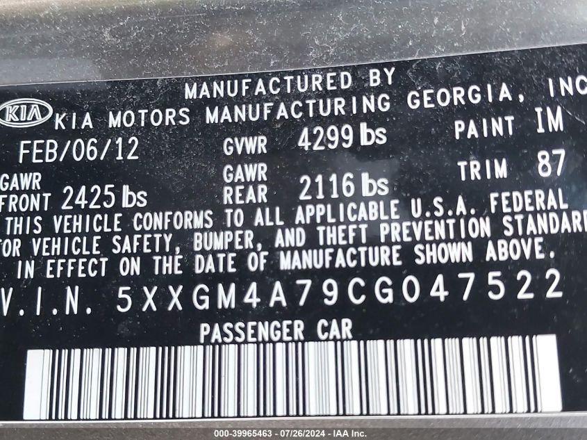 2012 Kia Optima Lx VIN: 5XXGM4A79CG047522 Lot: 39965463
