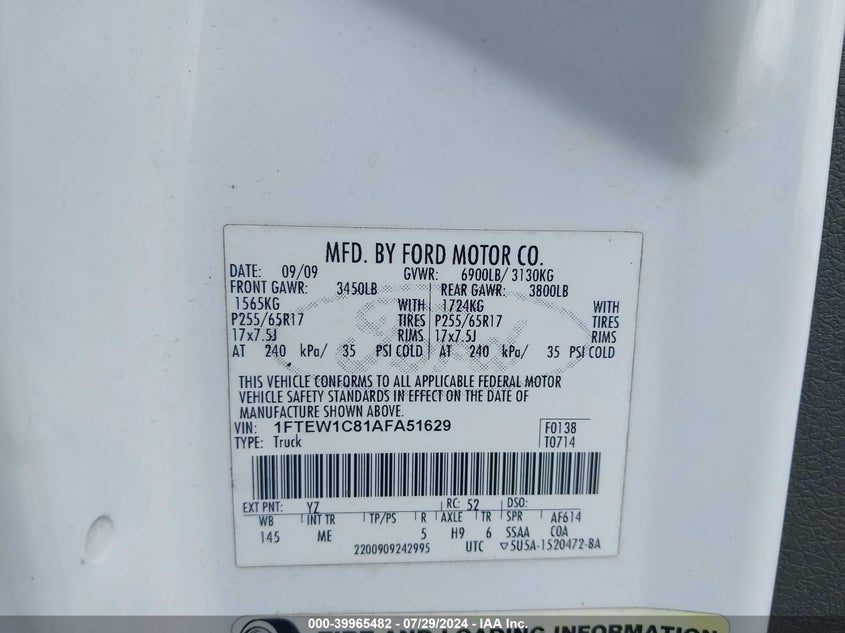 2010 Ford F-150 Fx2 Sport/Xl/Xlt VIN: 1FTEW1C81AFA51629 Lot: 39965482