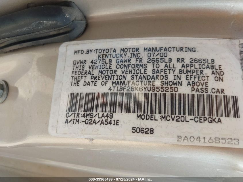 2000 Toyota Camry Xle V6 VIN: 4T1BF28K6YU955250 Lot: 39965499