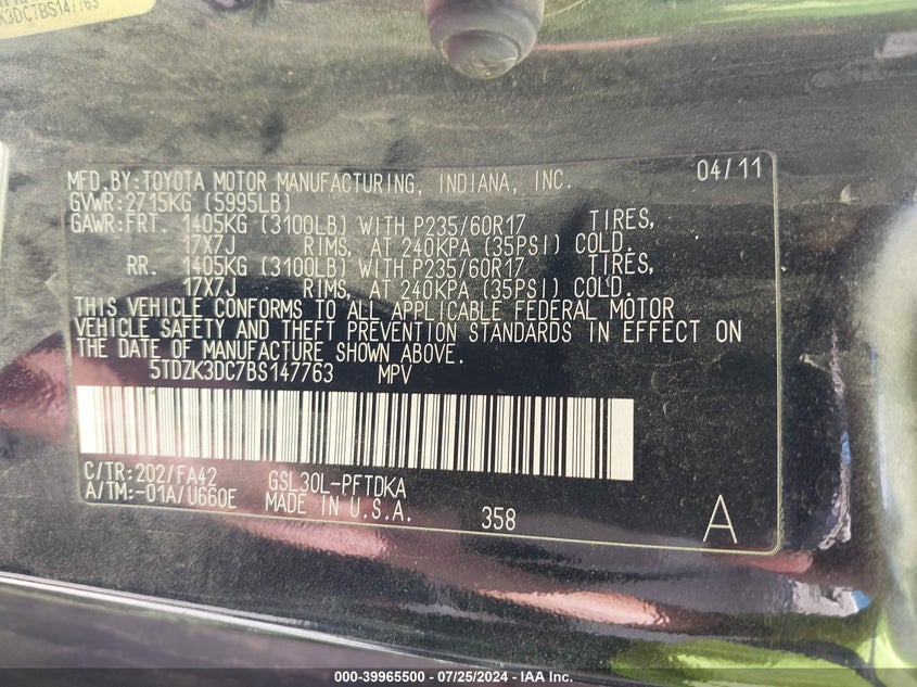 2011 Toyota Sienna Base V6 VIN: 5TDZK3DC7BS147763 Lot: 39965500