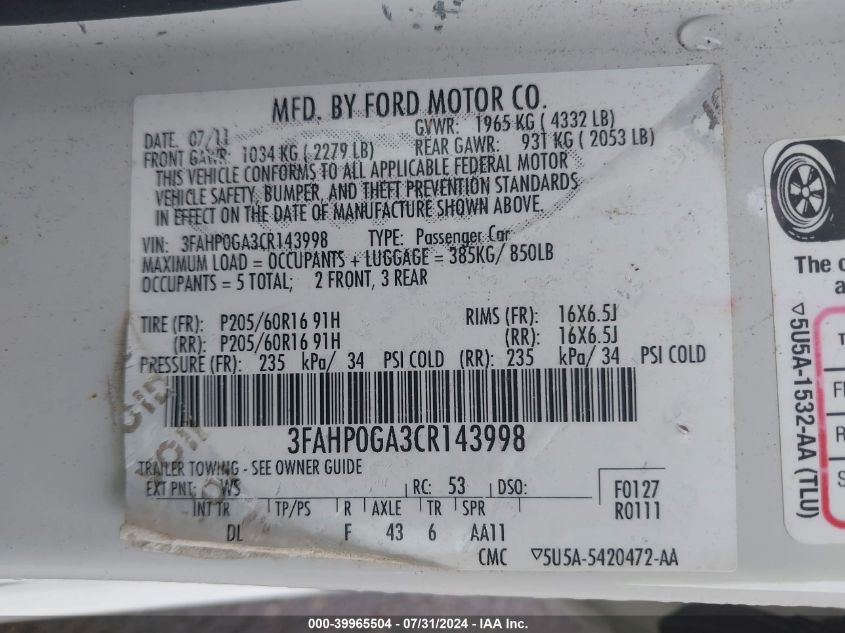 2012 Ford Fusion S VIN: 3FAHP0GA3CR143998 Lot: 39965504