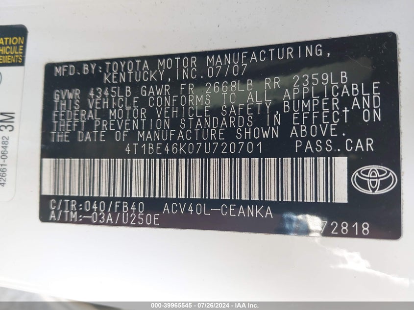 2007 Toyota Camry Ce/Le/Xle/Se VIN: 4T1BE46K07U720701 Lot: 39965545