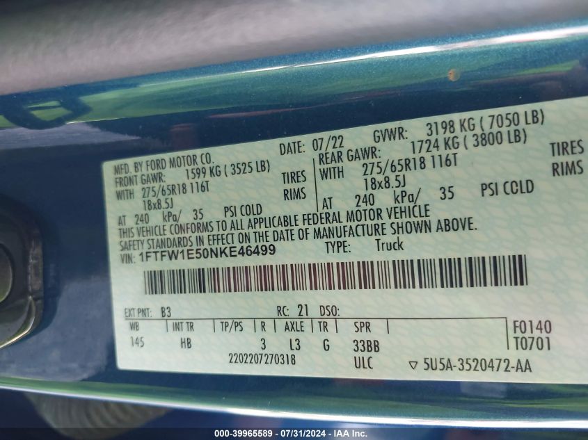 2022 Ford F-150 Lariat VIN: 1FTFW1E50NKE46499 Lot: 39965589
