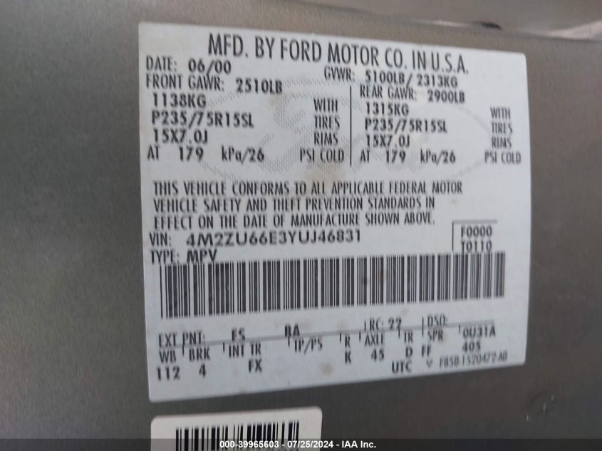 2000 Mercury Mountaineer VIN: 4M2ZU66E3YUJ46831 Lot: 39965603