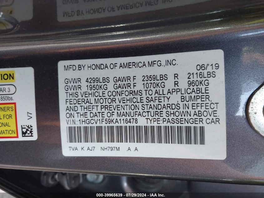 1HGCV1F59KA116478 2019 Honda Accord Exl