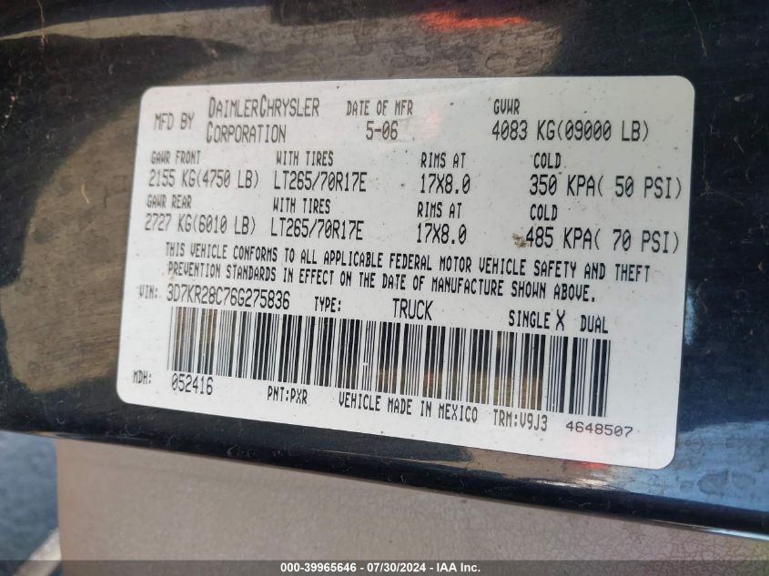 2006 Dodge Ram 2500 St/Slt VIN: 3D7KR28C76G275836 Lot: 39965646