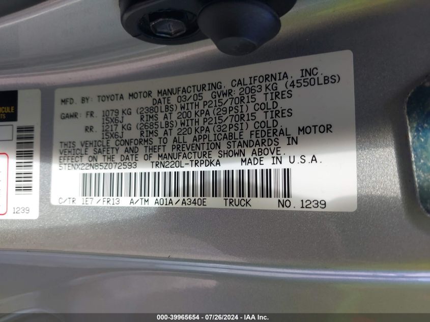 2005 Toyota Tacoma VIN: 5TENX22N85Z072593 Lot: 39965654