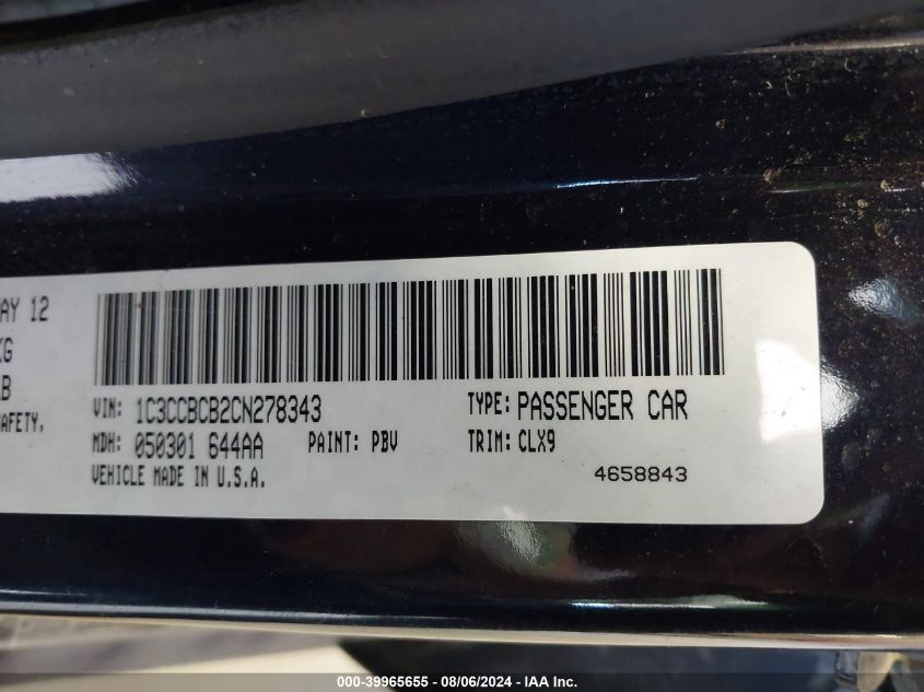 2012 Chrysler 200 Limited VIN: 1C3CCBCB2CN278343 Lot: 39965655