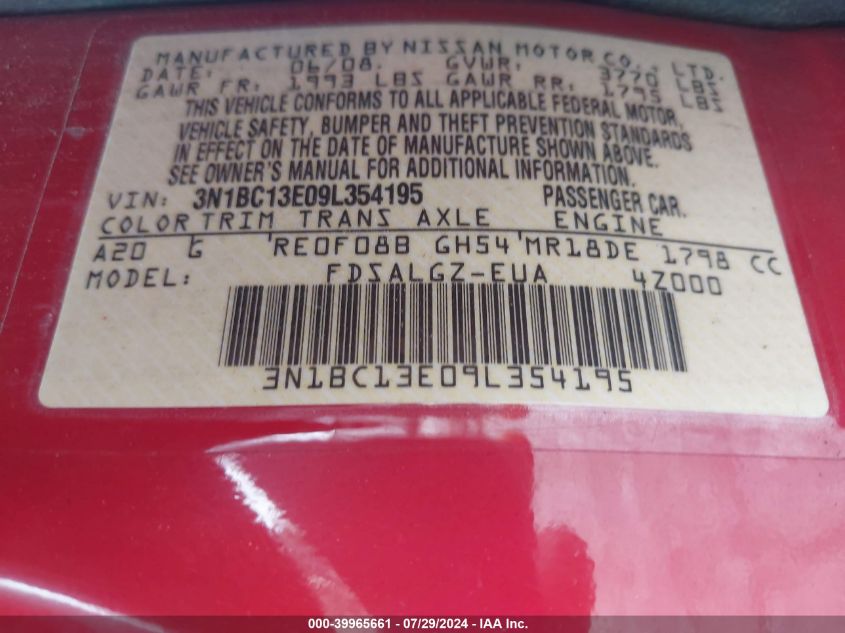 2009 Nissan Versa 1.8Sl VIN: 3N1BC13E09L354195 Lot: 39965661