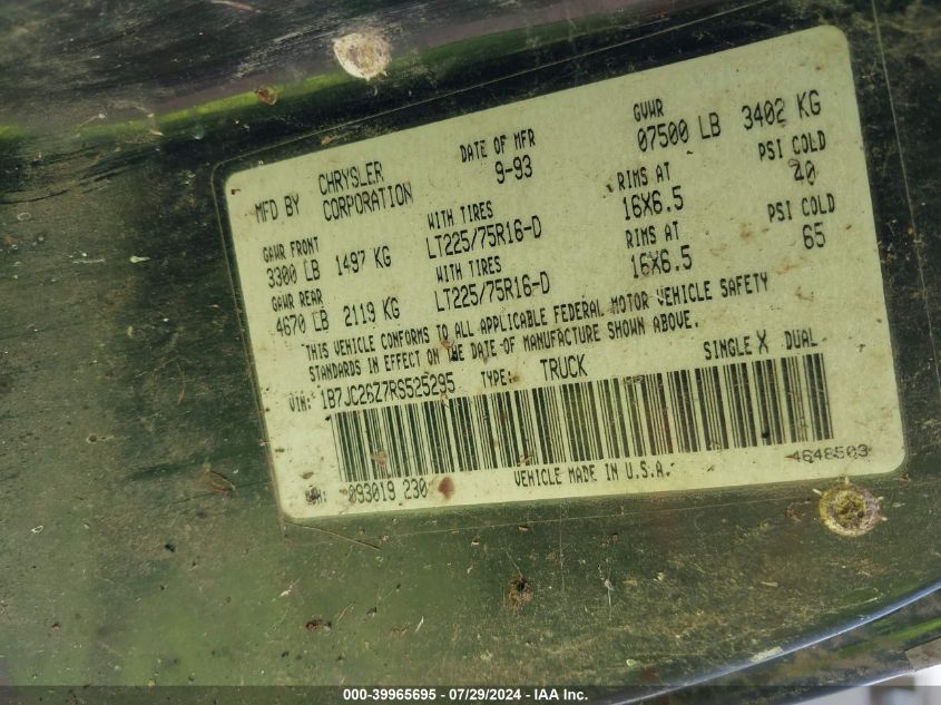 1994 Dodge Ram 2500 VIN: 1B7JC26Z7RS525295 Lot: 39965695