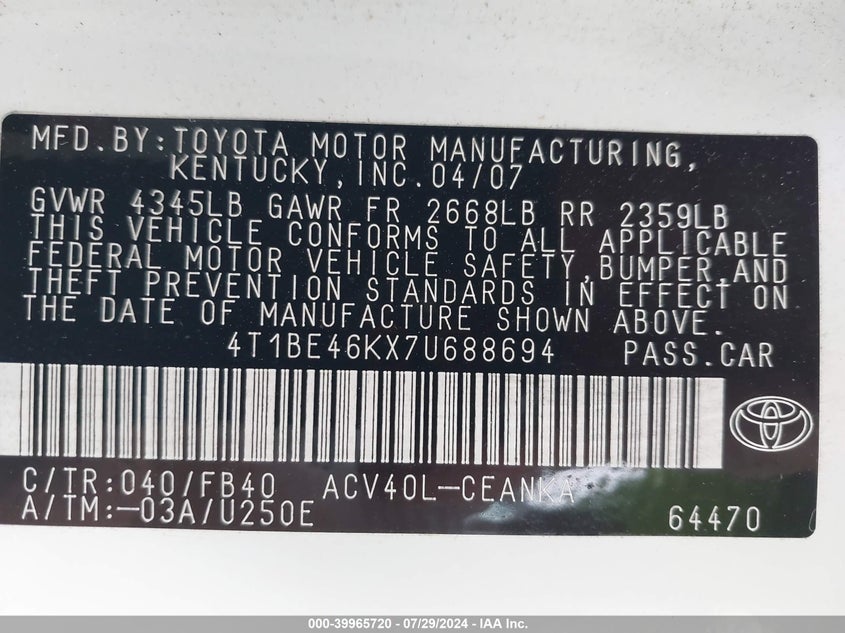 2007 Toyota Camry Le VIN: 4T1BE46KX7U688694 Lot: 39965720