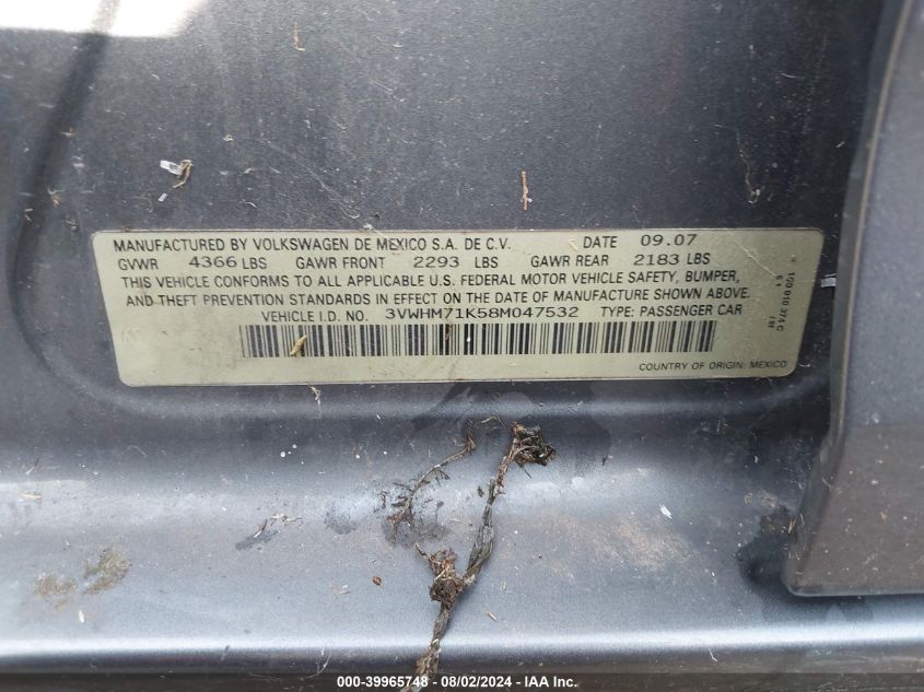 2008 Volkswagen Jetta S VIN: 3VWHM71K58M047532 Lot: 39965748