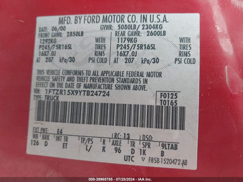 2000 Ford Ranger Xlt VIN: 1FTZR15X9YTB24724 Lot: 39965785