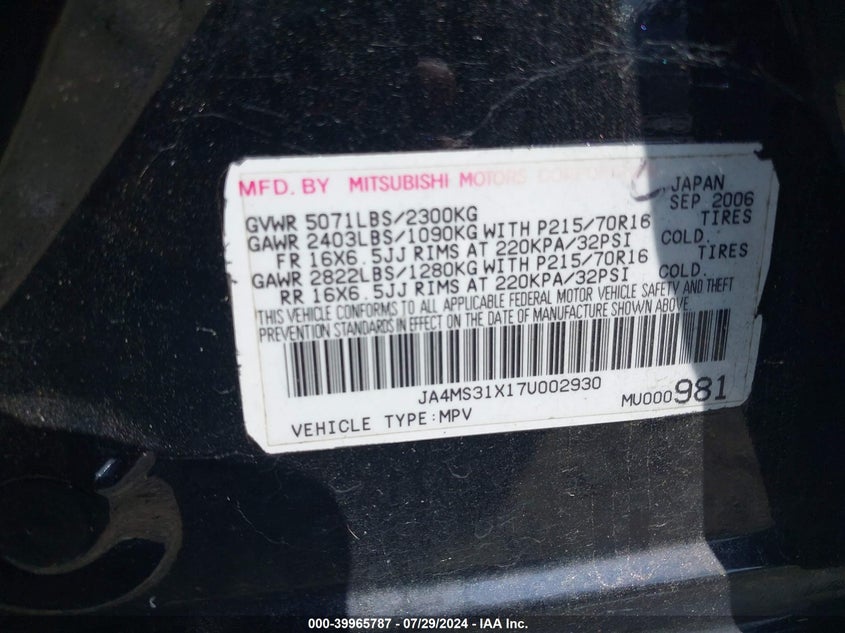 2007 Mitsubishi Outlander Es/Ls VIN: JA4MS31X17U002930 Lot: 39965787
