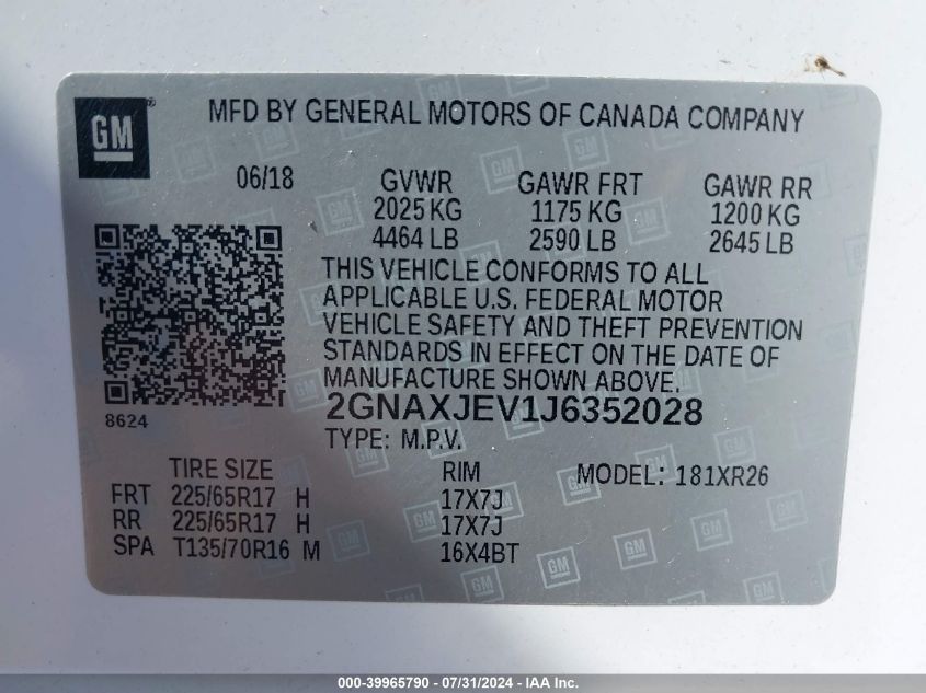 2018 Chevrolet Equinox Lt VIN: 2GNAXJEV1J6352028 Lot: 39965790